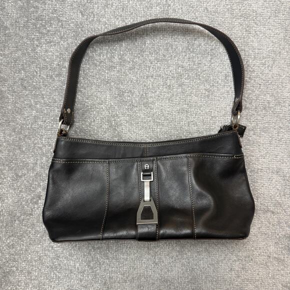 Etienne Aigner Shoulder Bag Womens Brown Leather Stirrup Buckle Logo Zip Top - Picture 1 of 16